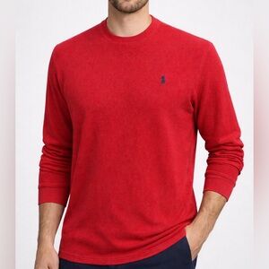 -Polo Ralph Lauren Waffle Knit Red Cotton Long Sleeve Tee Shirt Men's Size Large
